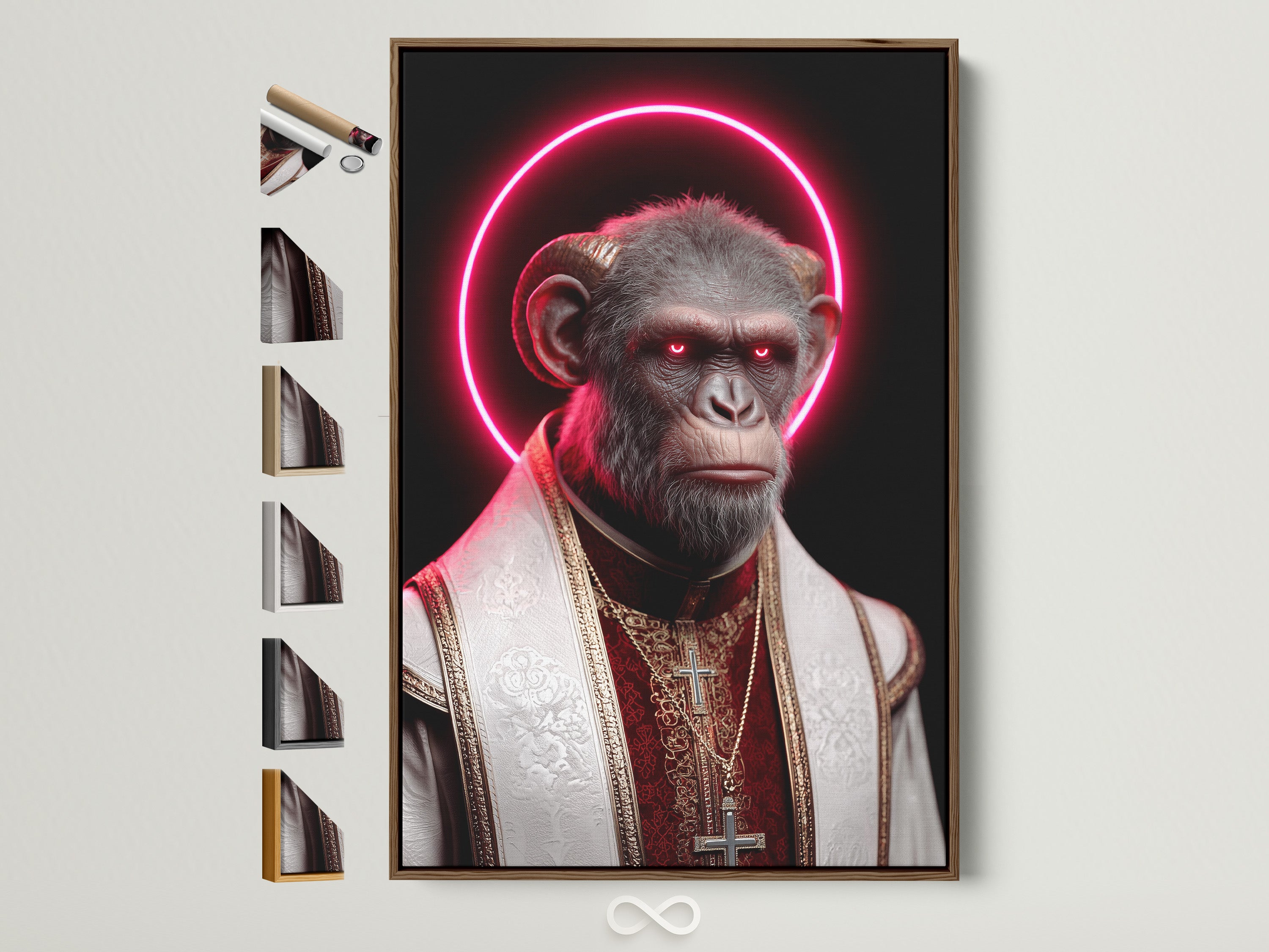 A surreal religious wall art piece featuring a pope monkey with a neon halo. The artwork is displayed in a brown frame. See all frame options available for this contemporary art print. This quirky home decor adds a satirical touch to any space.