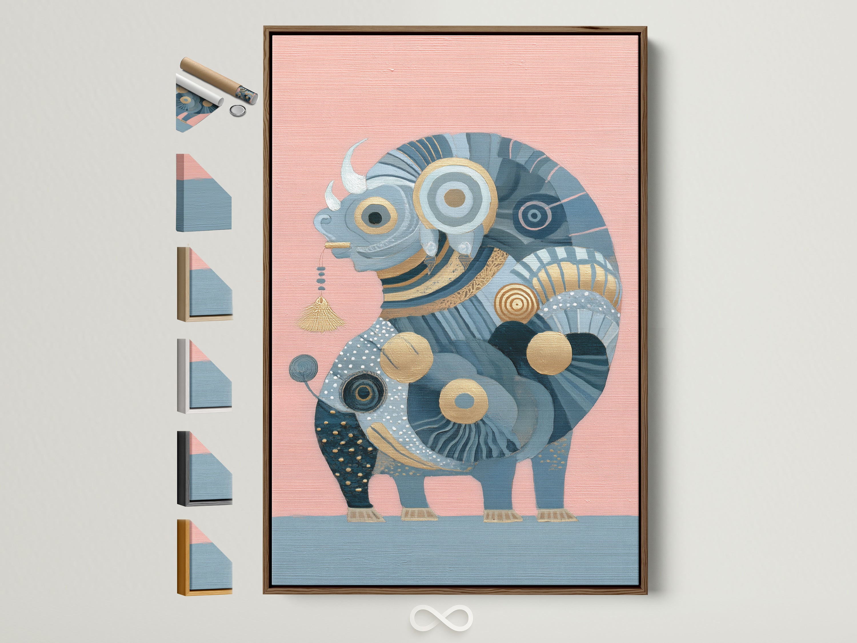 Abstract Bull artwork in a brown frame. Discover framed art prints for your home. This artwork has a blue bull with gold accents. See all frame options to match your boho decor and farmhouse art.