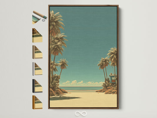 Framed art print with a brown frame on a white wall. The artwork depicts a beach scene with palm trees. Frame options are displayed on the side. Elevate your space with framed art.