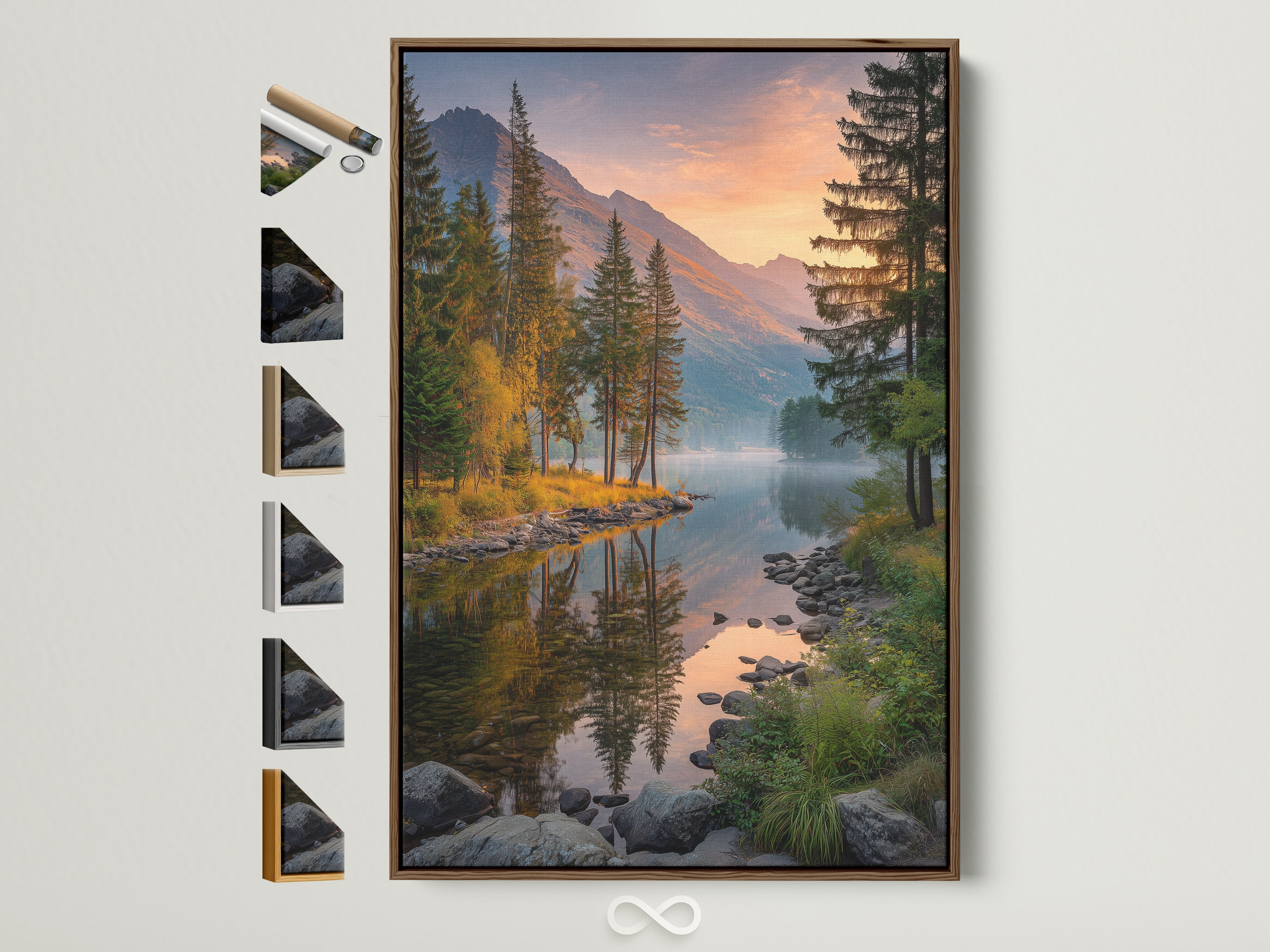 Rustic mountain lake artwork with a brown frame. The artwork features a serene landscape with a still lake reflecting the surrounding mountains and forest. This framed nature photograph brings a peaceful cabin art vibe to any room. Explore frame options to customize your artwork.