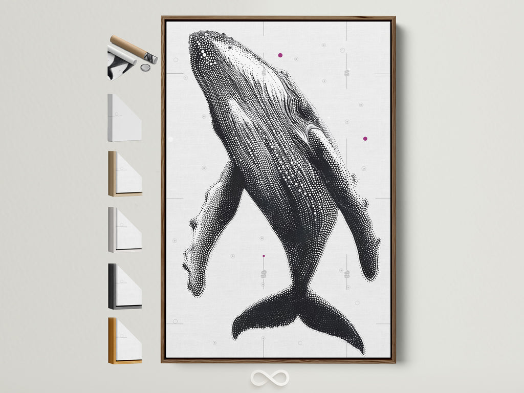 Humpback Whale art print with a brown frame. This dotted marine wall art adds a touch of the ocean to any room. All frame options are displayed. Perfect coastal bedroom decor. This sea life artwork is modern and refined.