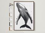 Humpback Whale art print with a brown frame. This dotted marine wall art adds a touch of the ocean to any room. All frame options are displayed. Perfect coastal bedroom decor. This sea life artwork is modern and refined.