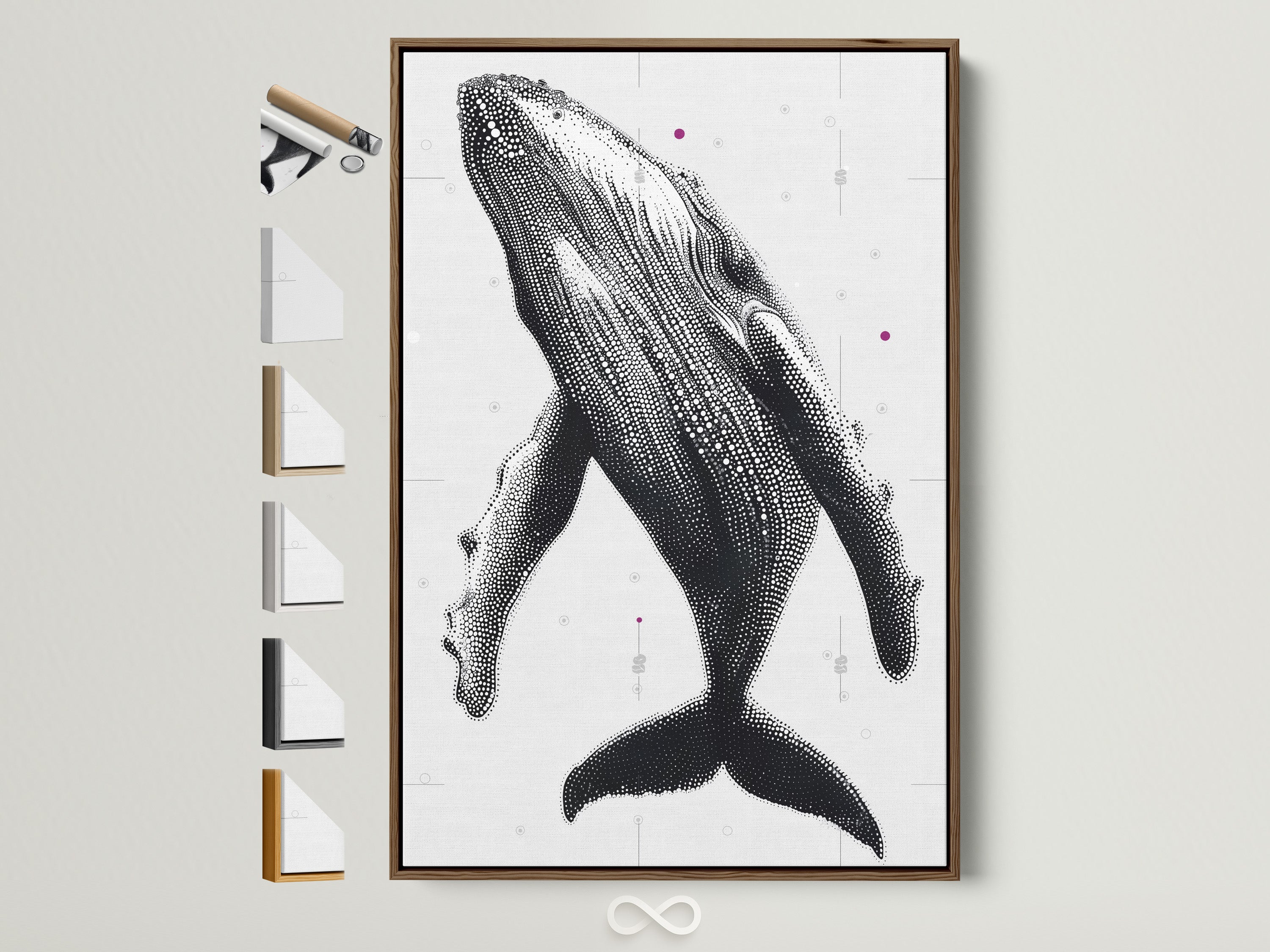 Humpback Whale art print with a brown frame. This dotted marine wall art adds a touch of the ocean to any room. All frame options are displayed. Perfect coastal bedroom decor. This sea life artwork is modern and refined.