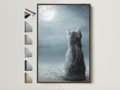 Explore frame options for the Cat Moon Canvas Print. A brown frame showcases the celestial kitten artwork. See available frame styles for your dreamy decor. Perfect for adding a whimsical touch to any room. This artwork makes a thoughtful gift for pet lovers.