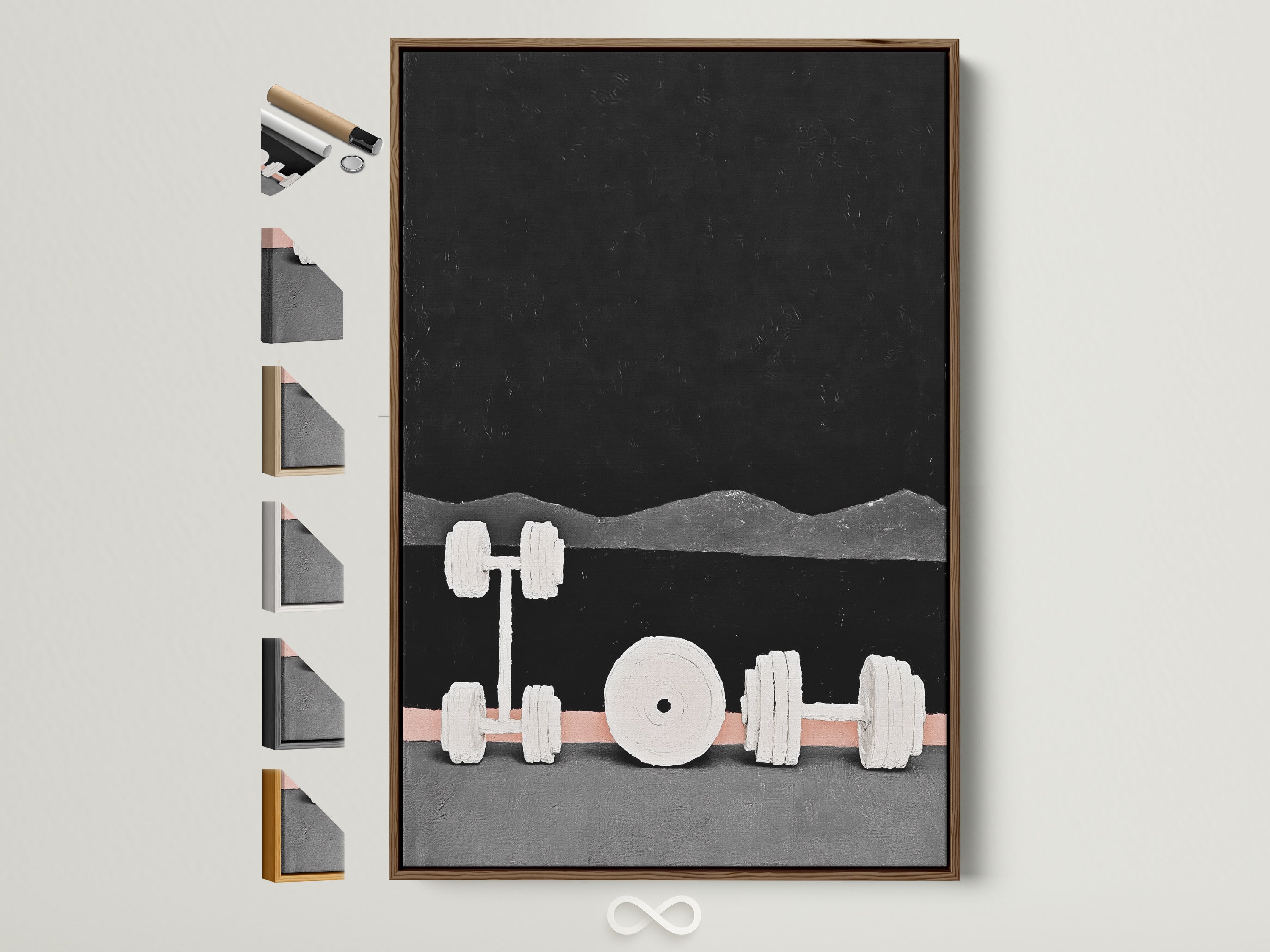 Modern gym weights artwork is displayed with a brown frame. This fitness wall art showcases an abstract dumbbell design. See all frame options for this contemporary piece. It's perfect gym decor. A great gift for fitness fanatics. Bring style to your workout space with this unique print.