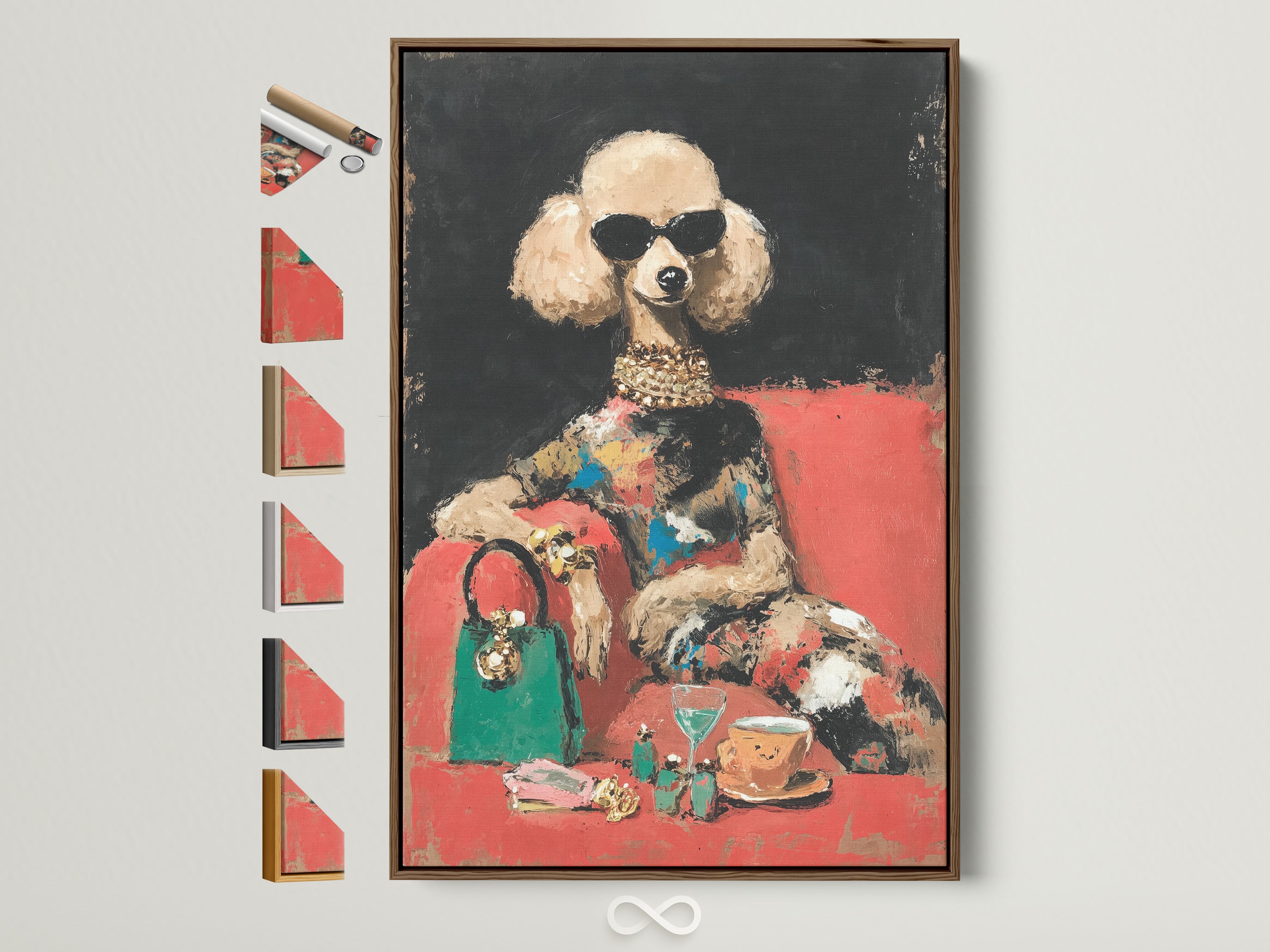 Glamorous poodle art print in a brown frame. This chic fashion dog wall art adds a vintage touch to any boutique decor. See all frame options available for this stylish pet print.