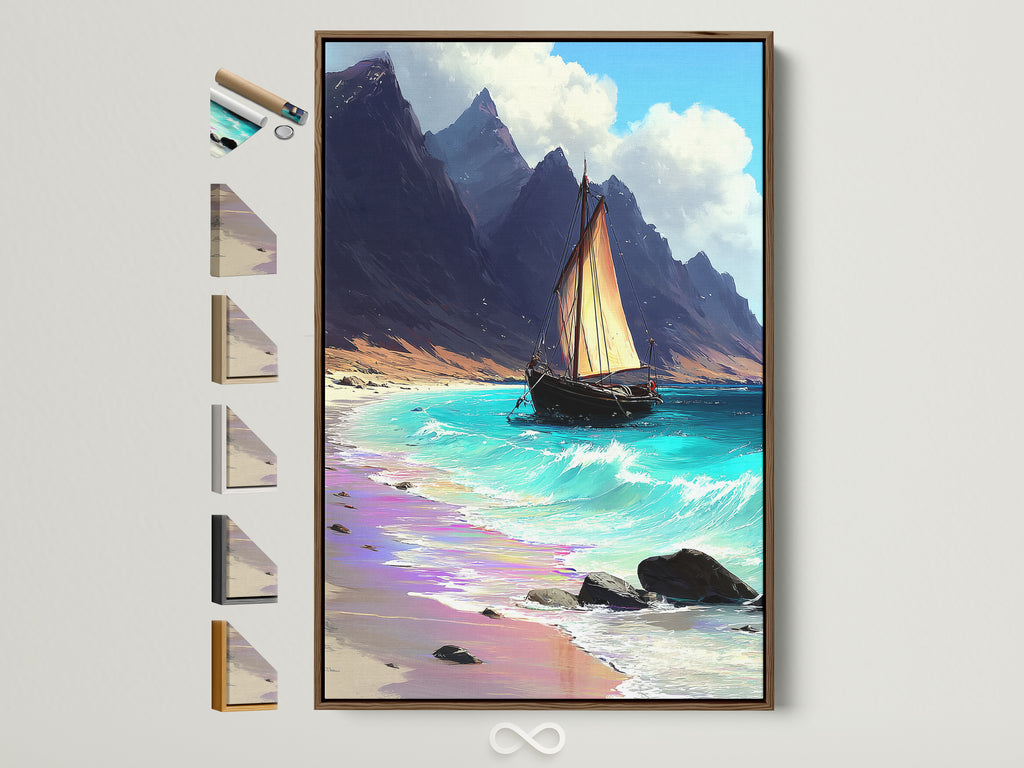 Brown Frame displays all frame options on the side. Sailboat art is showcased in a coastal setting. Teal and beige nautical artwork enhances office wall decor. Discover elevated coastal wall art perfect for minimalist styles.