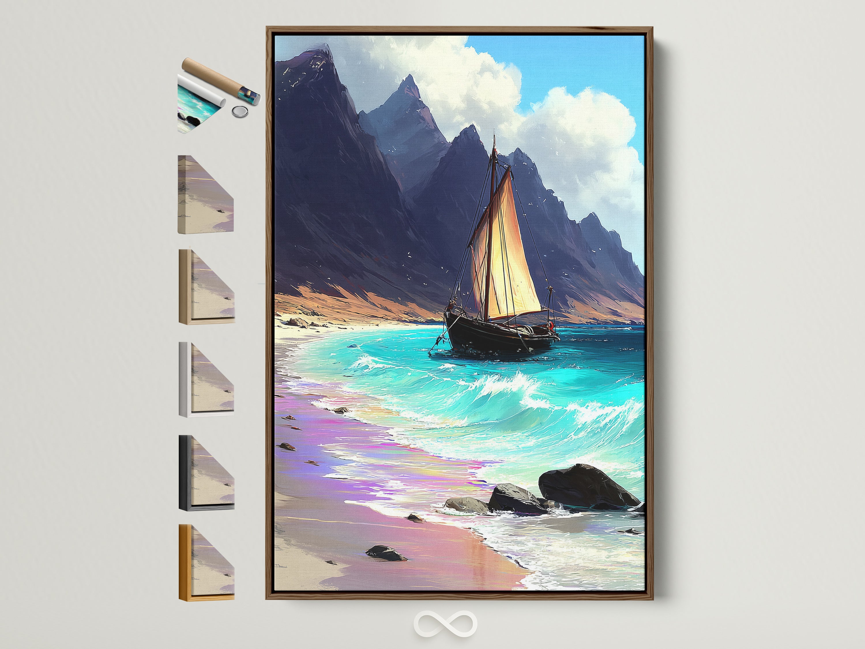 Brown Frame displays all frame options on the side. Sailboat art is showcased in a coastal setting. Teal and beige nautical artwork enhances office wall decor. Discover elevated coastal wall art perfect for minimalist styles.