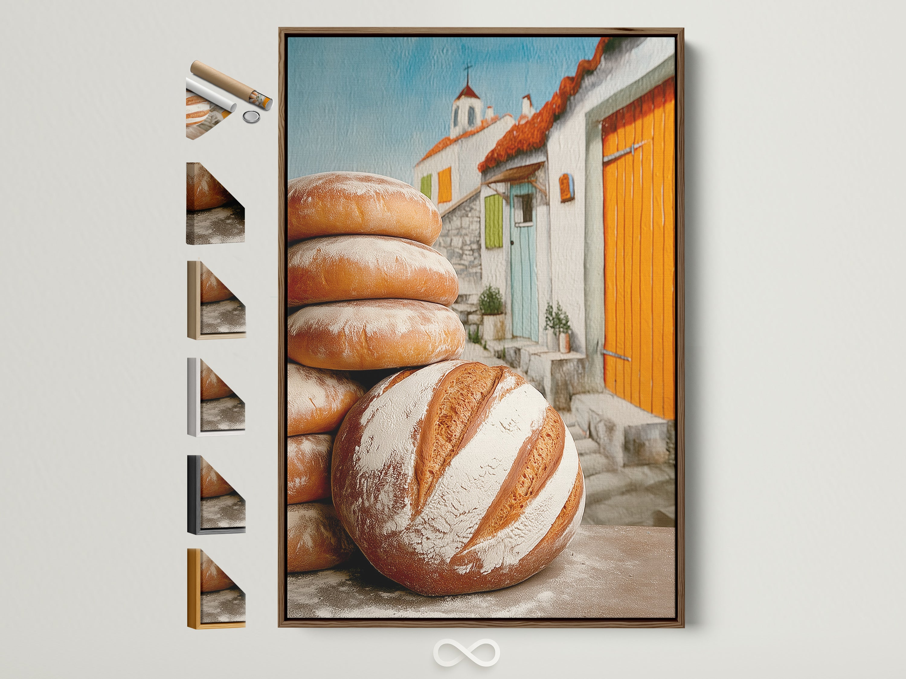 Fresh bread artwork in a brown frame. Different frame options are displayed on the side. The artwork brings a rustic touch. Perfect for cafe decor or kitchen art. It enhances farmhouse country or French-inspired styles.