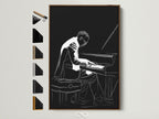 Explore framed piano player artwork. This jazz musician canvas wall art is displayed in a brown frame. See all frame options available. Elevate your space with black and white music wall decor. Perfect for a study room or music room.