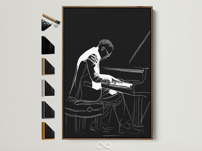 Explore framed piano player artwork. This jazz musician canvas wall art is displayed in a brown frame. See all frame options available. Elevate your space with black and white music wall decor. Perfect for a study room or music room.