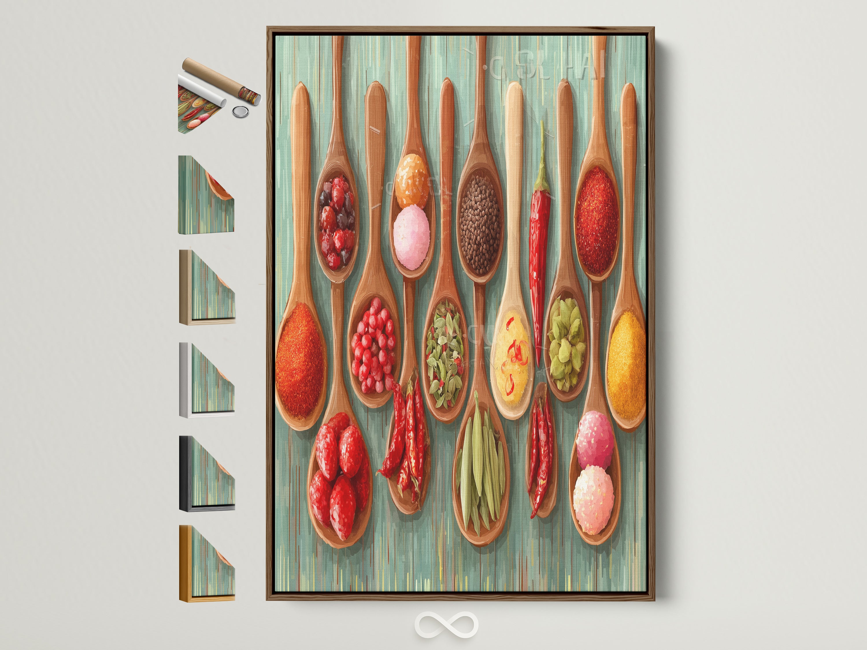 A rustic brown frame displays kitchen canvas art. The artwork features colorful spice spoons. This foodie wall decor is perfect for a dining area. See all frame options available for this culinary artwork. Enhance your space with spice art or kitchen art today