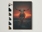 Longhorn bull artwork in a brown frame. The artwork features a dramatic sunset. It's a great piece for ranch style home decor. See all frame options for this western wall art. Perfect for rustic and country-themed rooms.