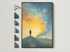 Surreal Journey canvas artwork with a brown frame. The artwork shows a figure on a path.  All frame options are displayed on the side. This inspirational digital art print is perfect for office motivational decor.  A great addition to any home or office looking for a modern style.