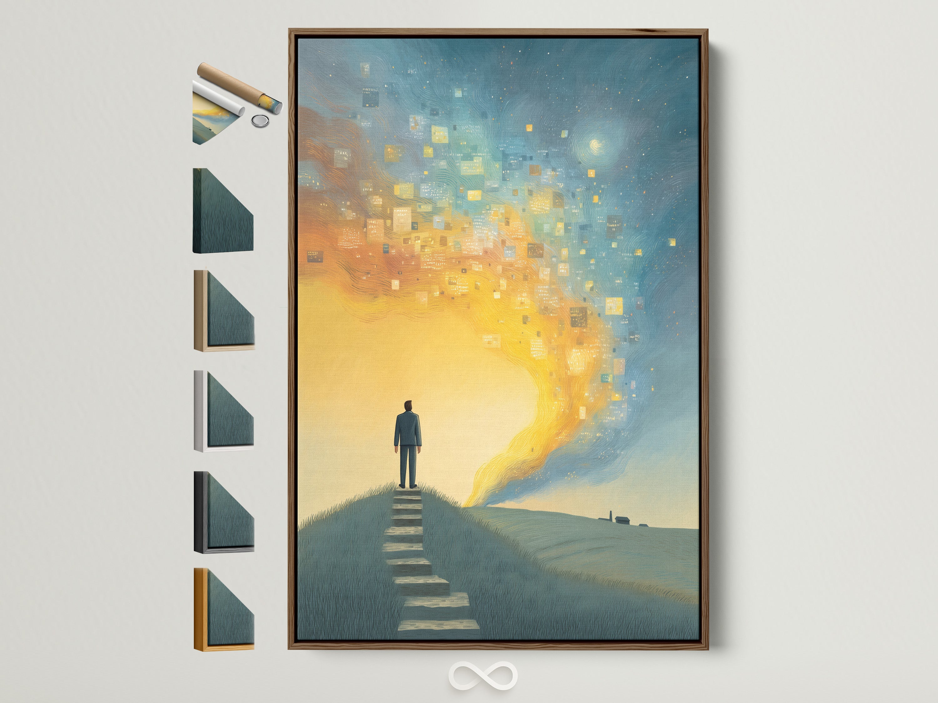 Surreal Journey canvas artwork with a brown frame. The artwork shows a figure on a path.  All frame options are displayed on the side. This inspirational digital art print is perfect for office motivational decor.  A great addition to any home or office looking for a modern style.