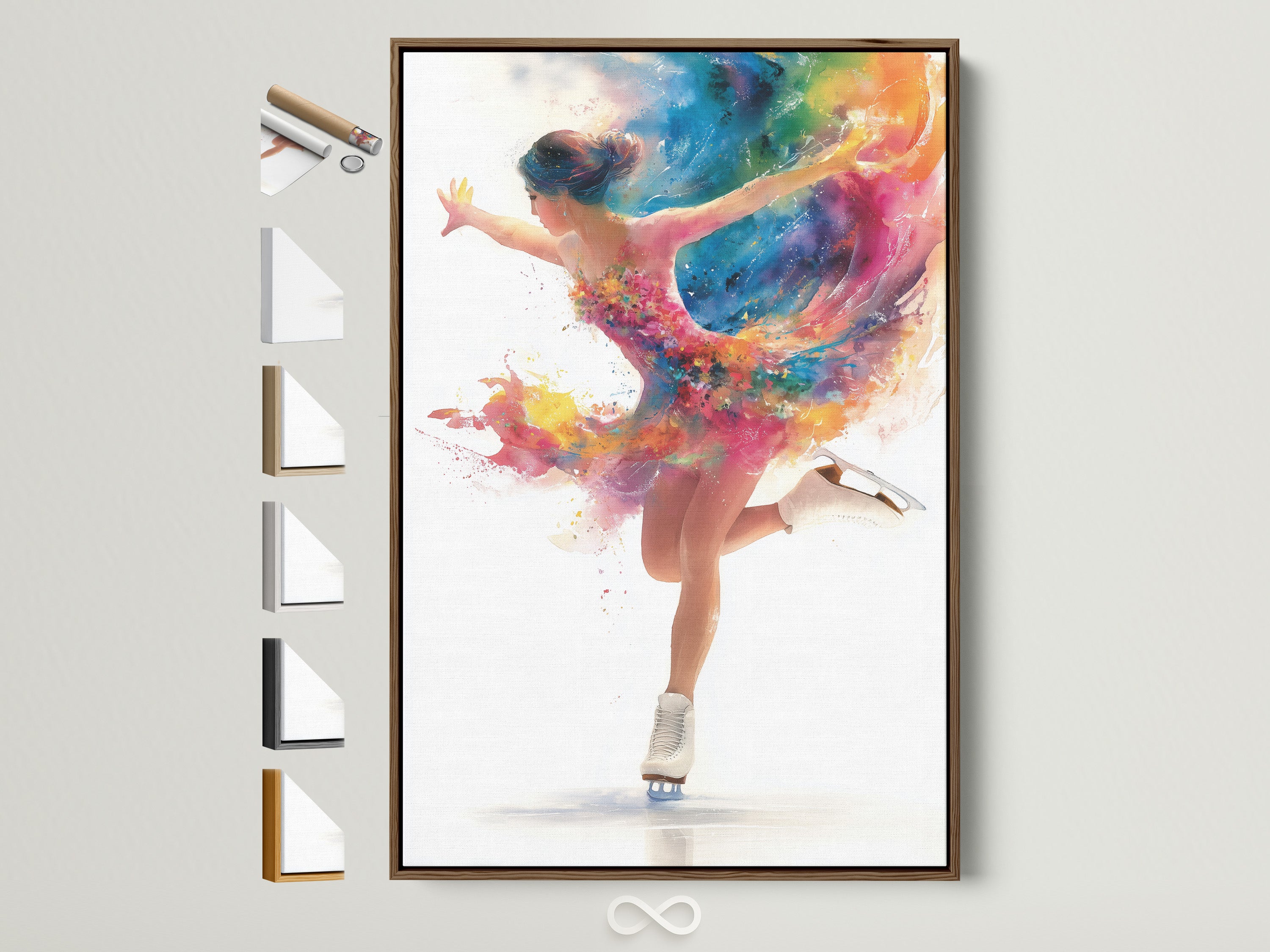 A vibrant dancing girl canvas art piece is displayed within a brown frame. The frame showcases various style options along the side. It is a colorful abstract dancer wall art that enhances dance studio decor. The primary color is rainbow and the secondary color is white.