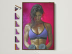 Fitness Woman artwork with a brown frame. The artwork shows a muscular woman lifting weights. Various frame options are displayed on the side. Perfect gym wall decor to keep you motivated.