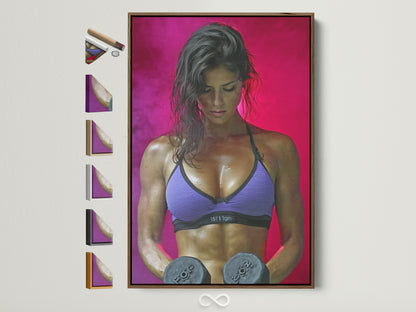 Fitness Woman artwork with a brown frame. The artwork shows a muscular woman lifting weights. Various frame options are displayed on the side. Perfect gym wall decor to keep you motivated.