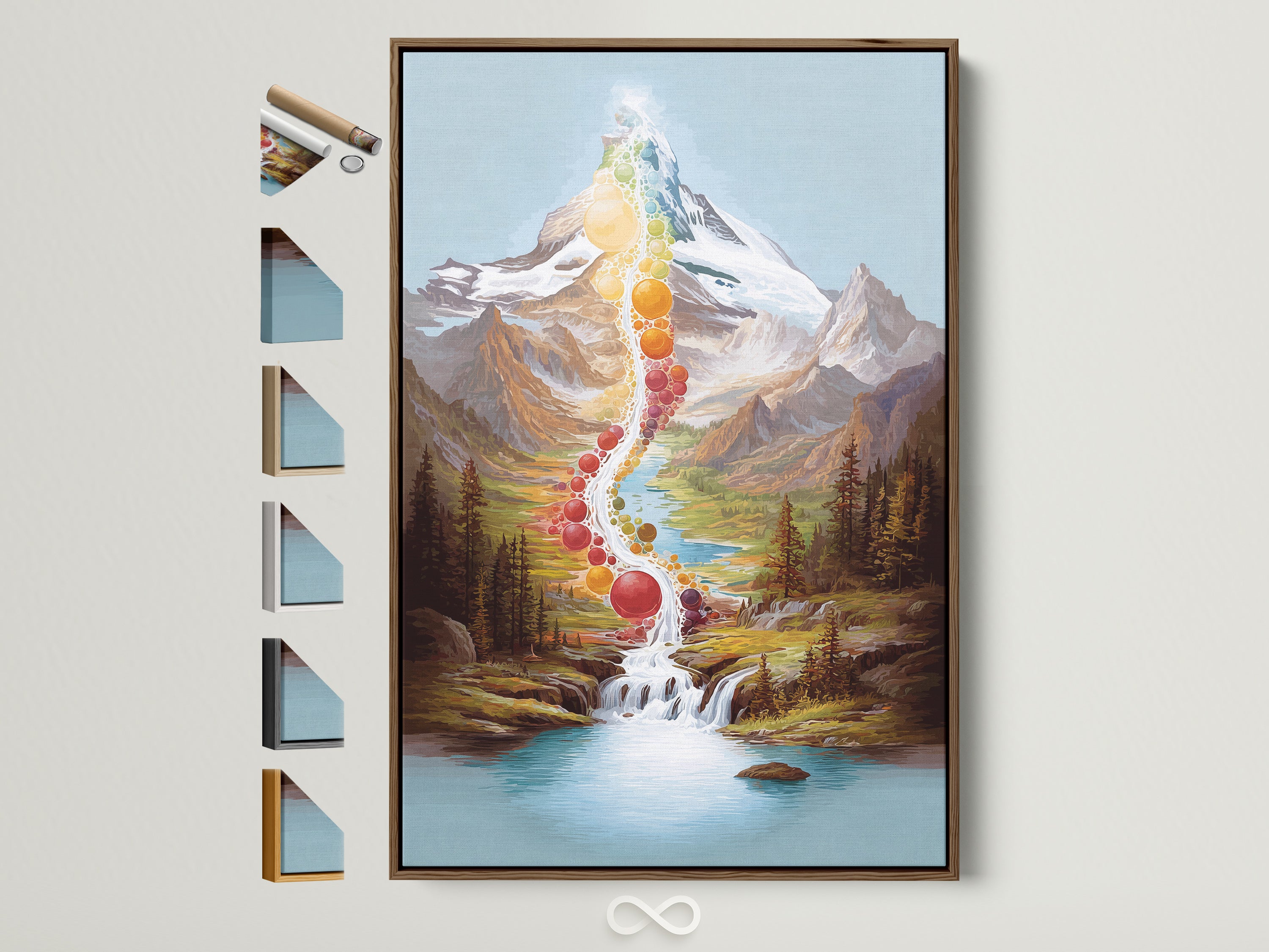 Chakra Mountain art print with a brown frame. The artwork features a vibrant waterfall with chakra colors cascading down a majestic mountain. Displayed with various frame options alongside it. Perfect spiritual decor for a meditation room or living space.