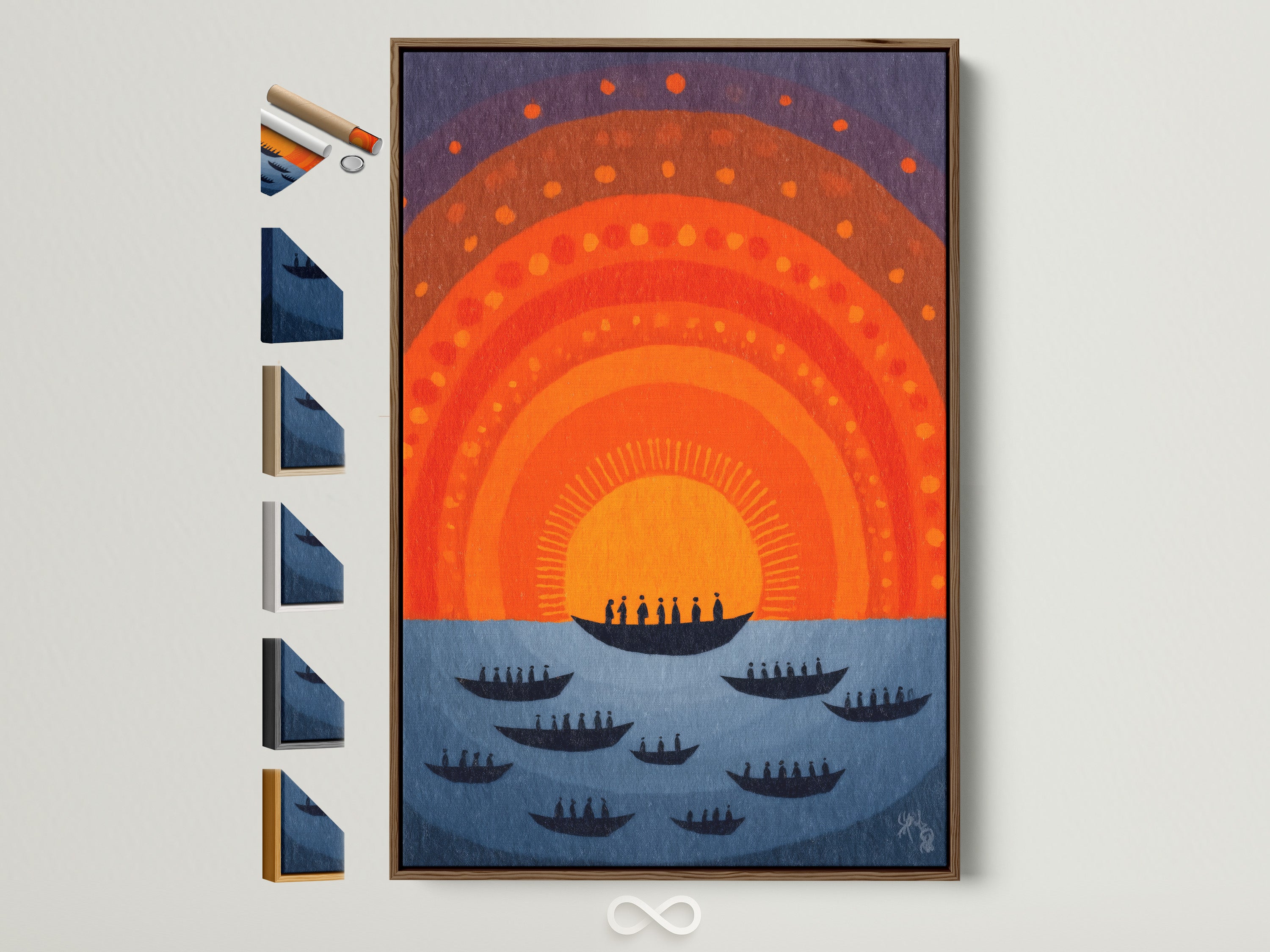 Sunset Boats artwork with a brown frame. This mid-century modern wall art features an orange and blue nautical theme. See all frame options to customize this ocean art print. Perfect modern home decor for boho and coastal styles.