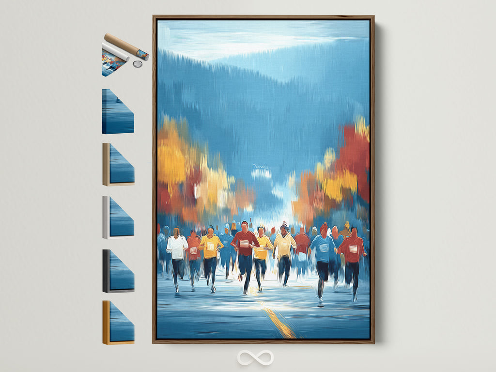Framed marathon runners artwork with a brown frame. See the artwork with all frame options displayed. Perfect athletic wall art for home gym fitness motivation. The art features blue and orange hues in a contemporary style. Elevate your space with this sports canvas art.