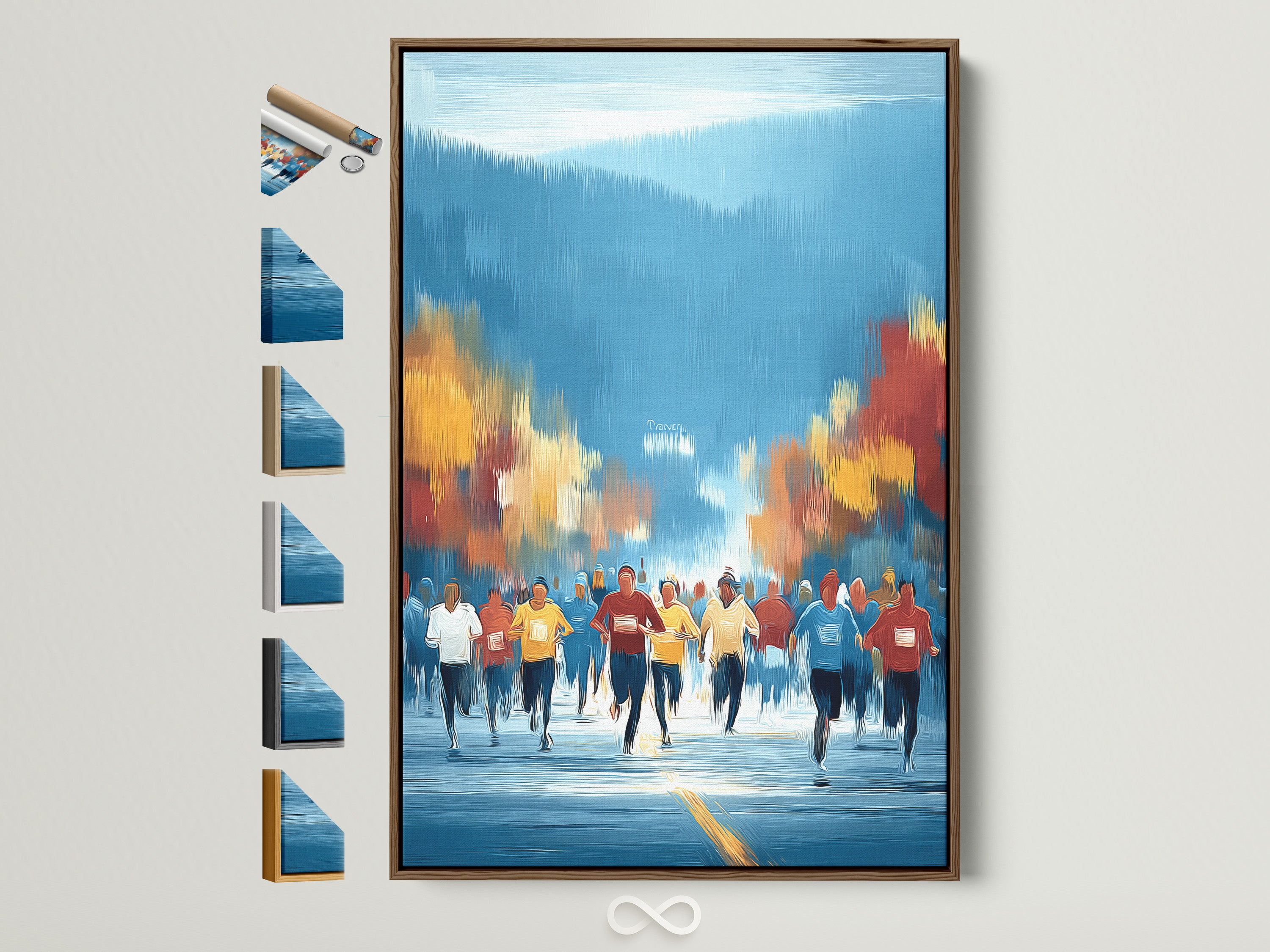 Framed marathon runners artwork with a brown frame. See the artwork with all frame options displayed. Perfect athletic wall art for home gym fitness motivation. The art features blue and orange hues in a contemporary style. Elevate your space with this sports canvas art.