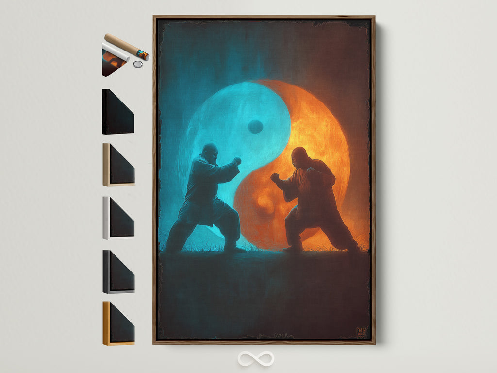 Artwork featuring a yin and yang symbol with two figures practicing martial arts. The art is displayed in a brown frame. Explore framing options to enhance your space. Find the perfect frame for your artwork.