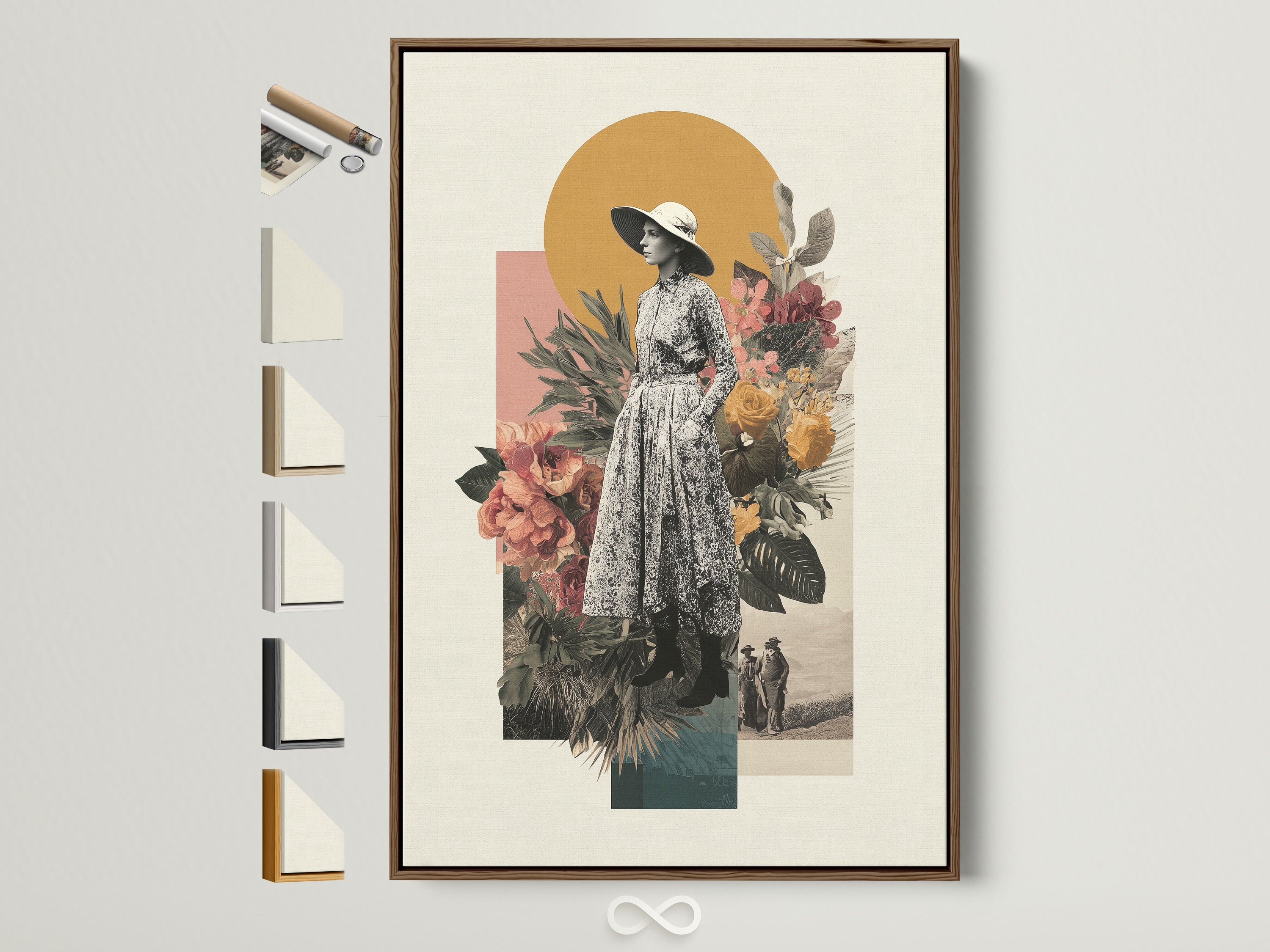 Boho woman botanical wall art in a brown floating frame. This vintage collage artwork showcases a woman in retro fashion surrounded by flowers. Explore frame options to complement your bedroom wall decor. Perfect for adding a bohemian touch with beige and brown tones.