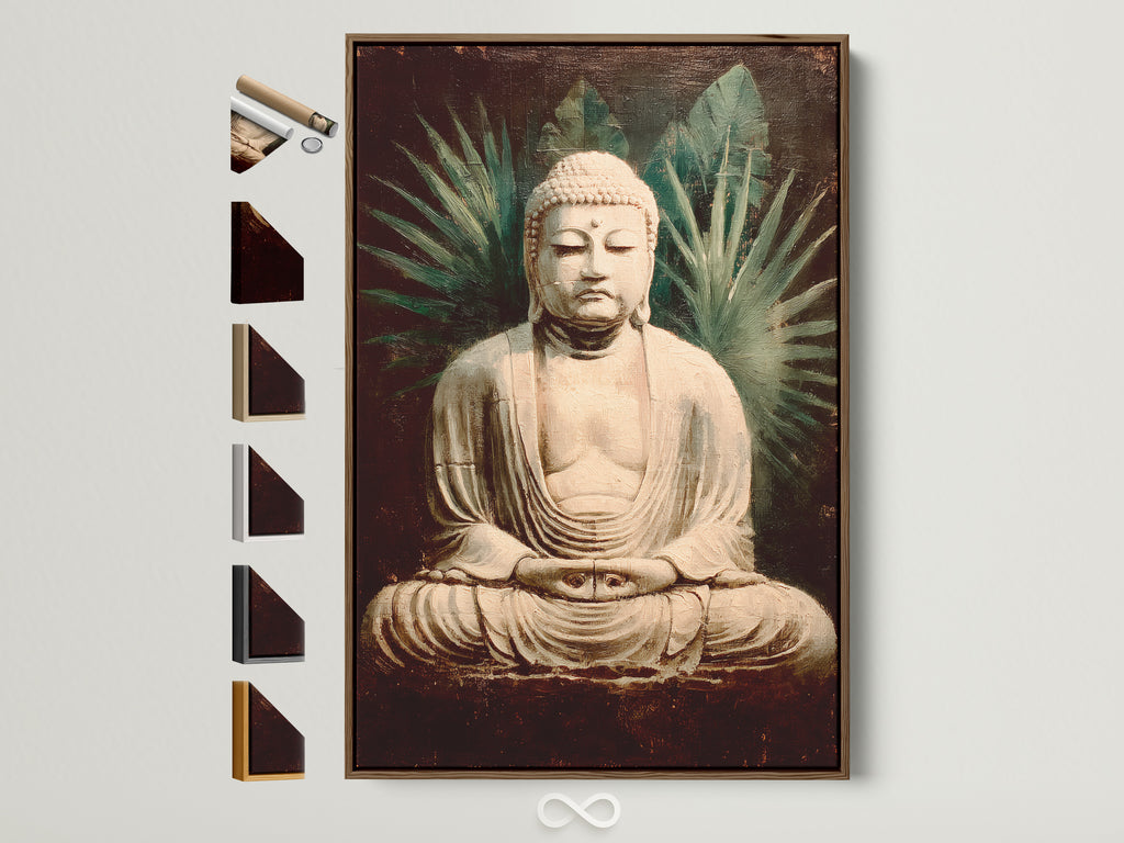 Explore frame options for vintage Buddha artwork. The brown frame complements spiritual zen decor. See available frame styles for your meditation space art. Find the perfect frame to enhance your peace wall art. This buddha art will bring calming vibes to your home.