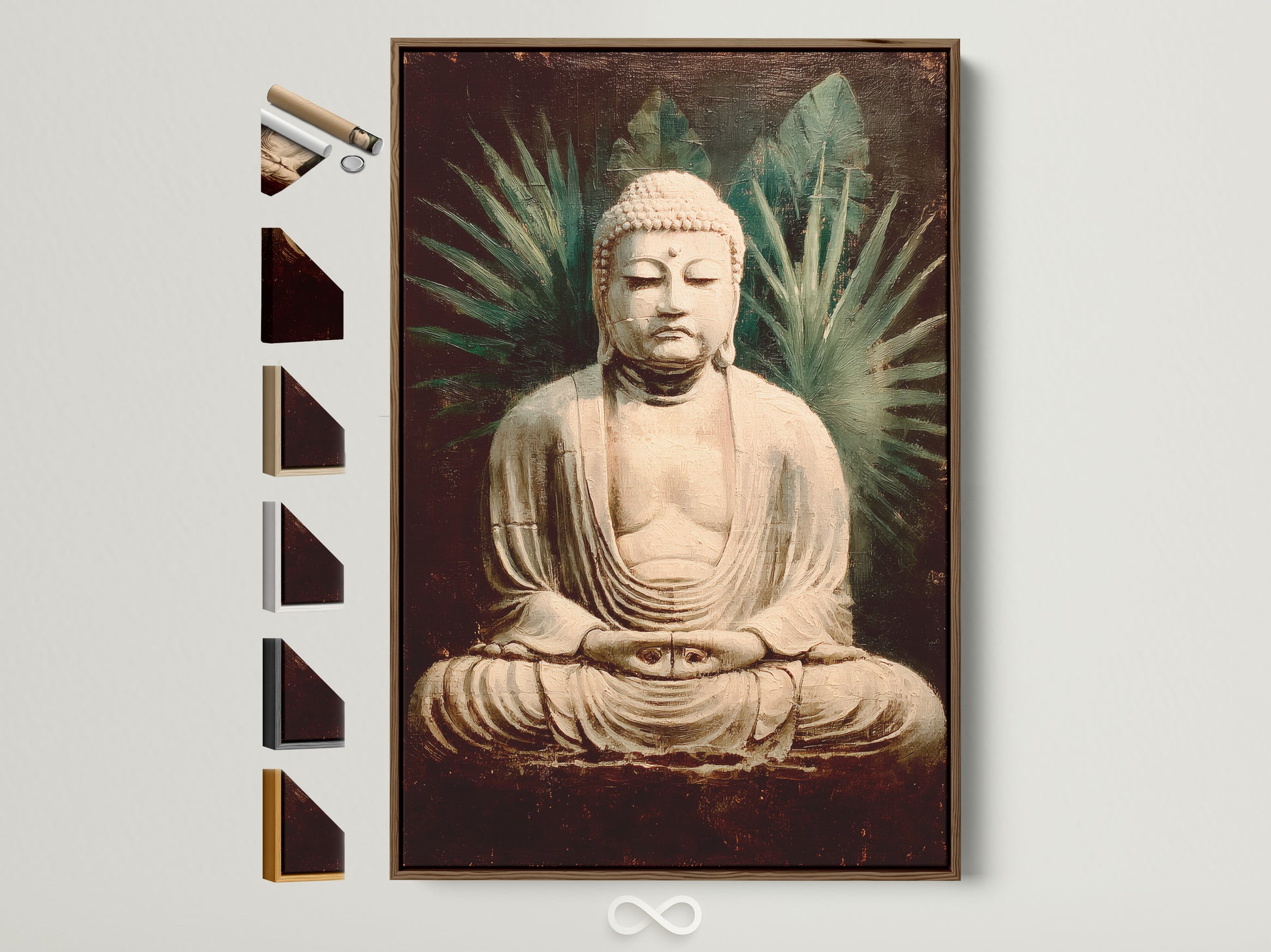Explore frame options for vintage Buddha artwork. The brown frame complements spiritual zen decor. See available frame styles for your meditation space art. Find the perfect frame to enhance your peace wall art. This buddha art will bring calming vibes to your home.