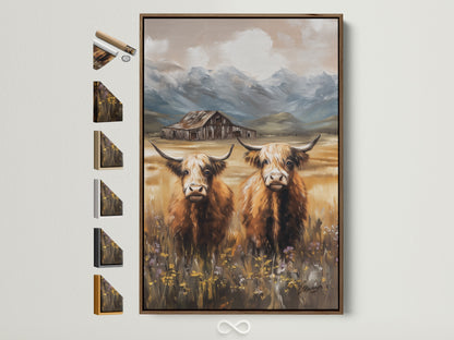 Rustic highland cow artwork in a brown frame. This Scottish farm animal canvas print adds countryside charm to any farmhouse bedroom. Explore frame options to customize your wall art.