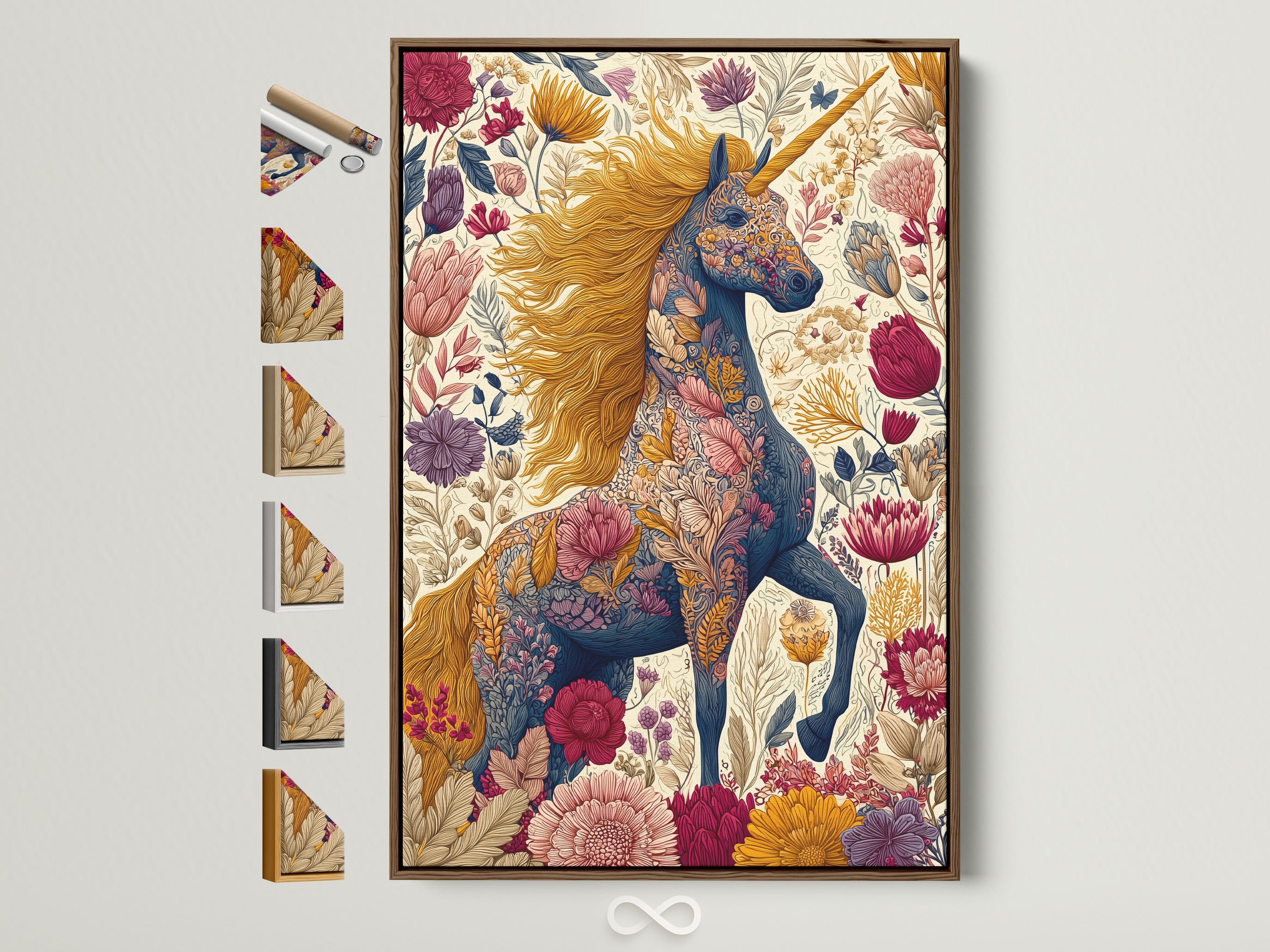 Explore frame options for your floral unicorn artwork. This brown frame is displayed alongside other frame choices. Personalize your boho fantasy art with the perfect frame. Find wall art that complements your unique style. Elevate your home decor with framed artwork.