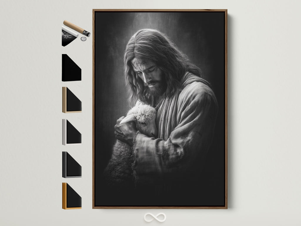 Artwork of Jesus holding a lamb is displayed in a brown frame. This frame is one of the available frame options. A variety of frame styles are available to match your home decor. Find the perfect frame to showcase your art piece.