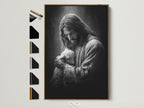 Artwork of Jesus holding a lamb is displayed in a brown frame. This frame is one of the available frame options. A variety of frame styles are available to match your home decor. Find the perfect frame to showcase your art piece.
