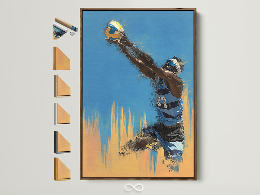Volleyball Player Sports Wall Art. A brown frame showcases the artwork. Various frame choices are displayed beside it. Find the perfect frame to complement your sports artwork. Decorate your gym or sports themed room today.