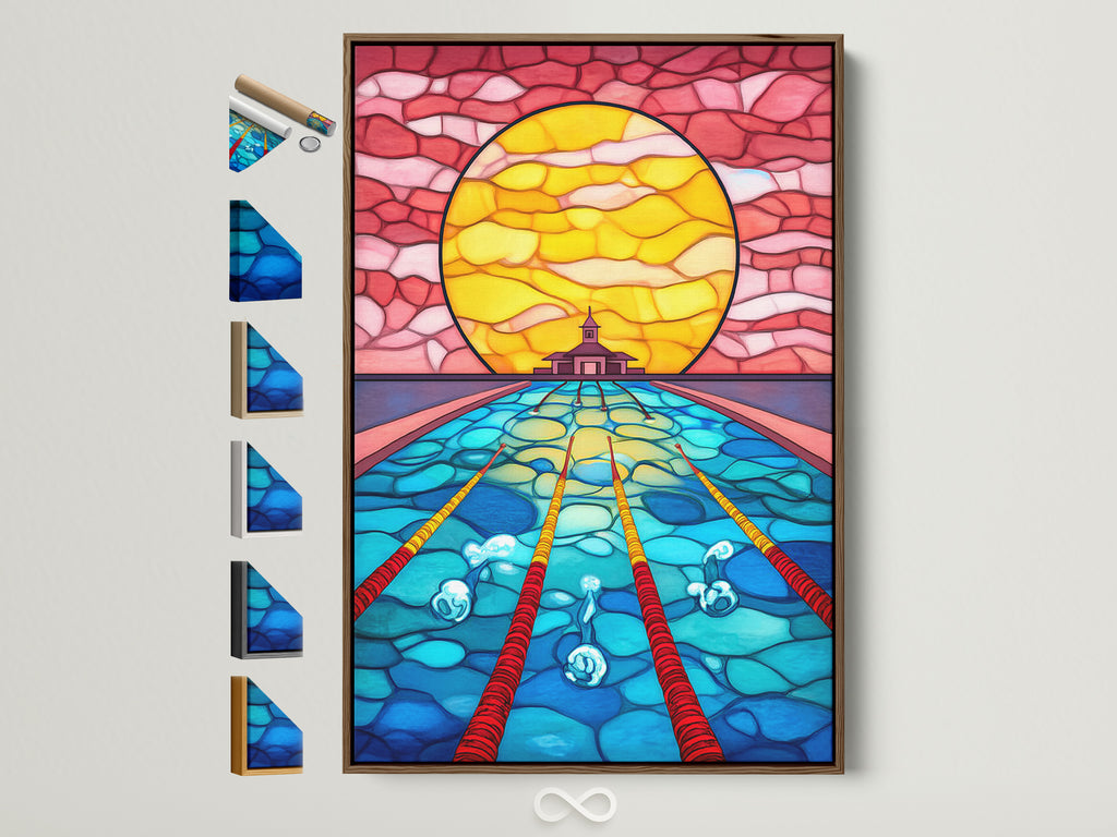 Stained Glass Ocean Artwork is displayed in a brown frame. See all frame options available. This mosaic style wall art shows an underwater temple. The colorful blue and yellow artwork is perfect for meditation room decor.