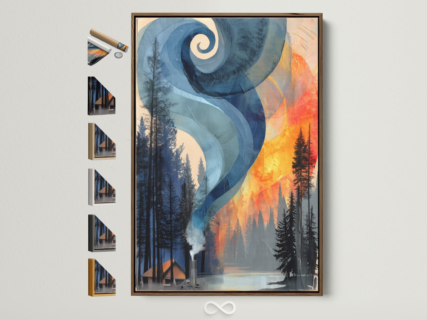 Modern abstract landscape artwork in a brown frame. The art is of a forest fire with blue smoke art. All frame options are displayed. Perfect artwork for cabin wall decor or a nature lover gift.