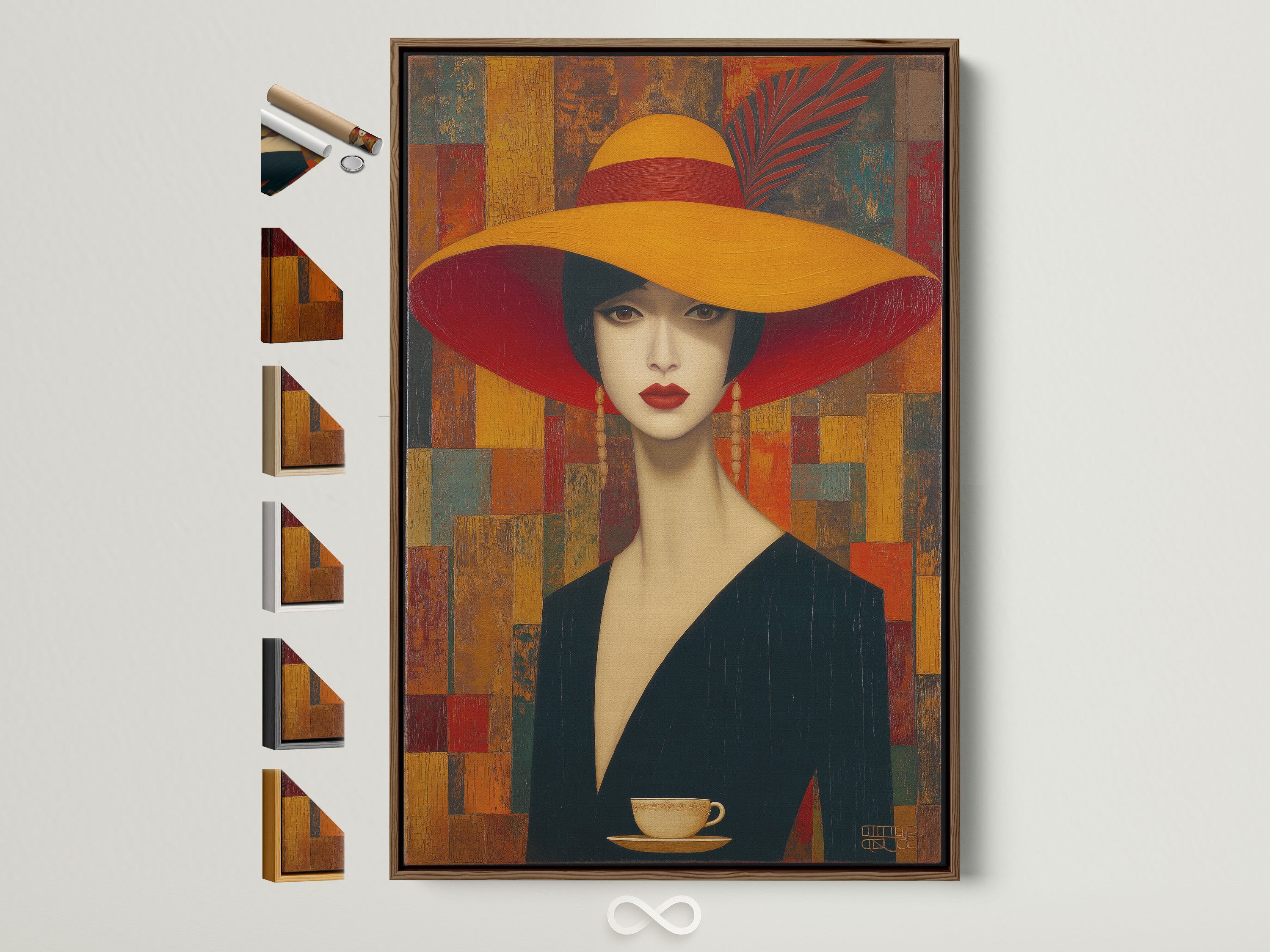 Vintage Woman Portrait Art with an Art Deco Canvas Print is displayed within a brown frame. This elegant lady wall art enhances dining room decor. See all frame options to customize your artwork.