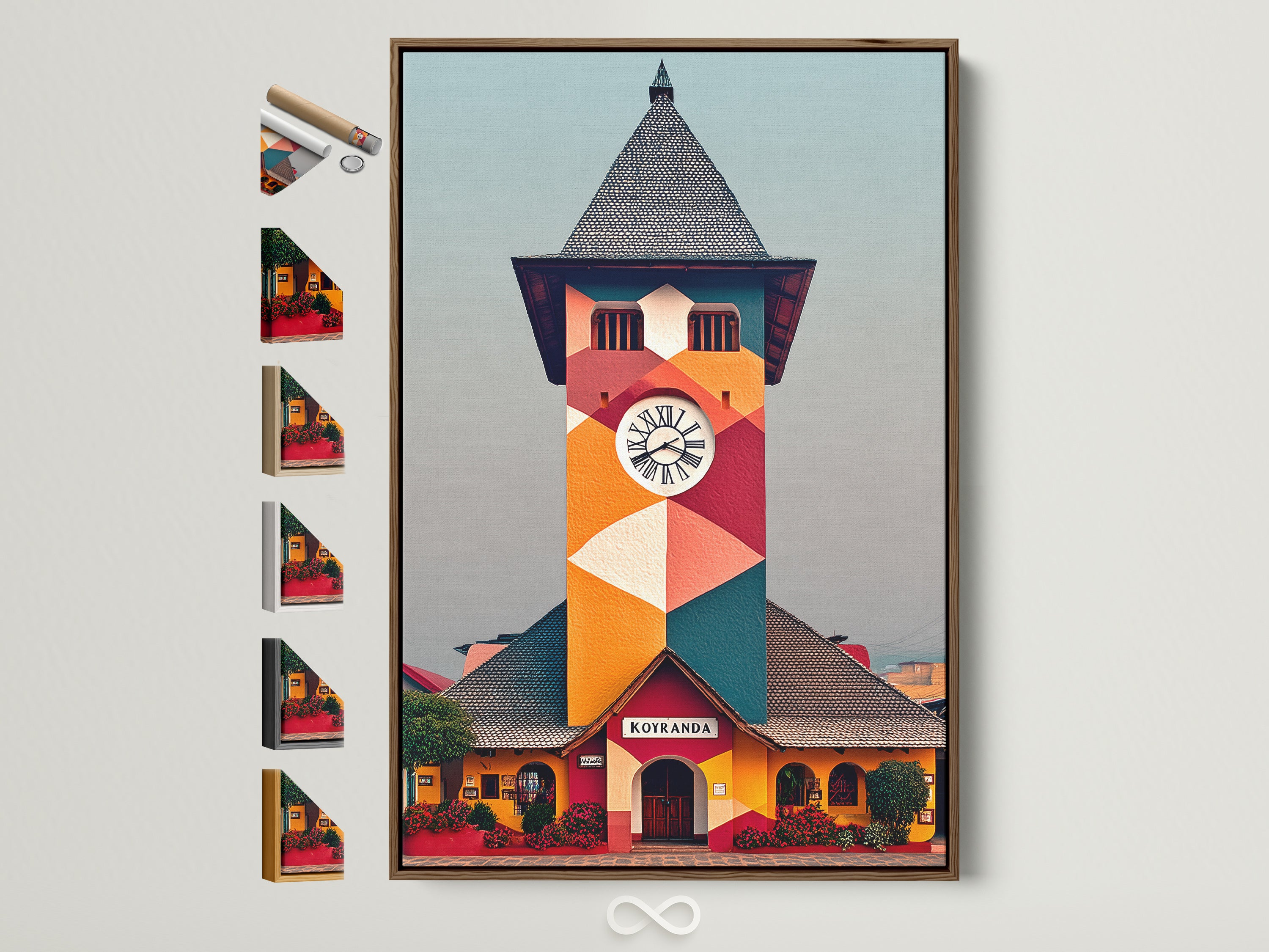 Explore a geometric building wall art piece featuring a clock tower. The artwork is showcased in a brown frame alongside other frame options. Discover colorful architecture artwork perfect for office decor. This clock tower art brings vintage and modern aesthetics together.