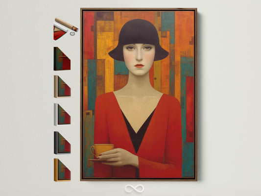 A vintage-style art deco woman portrait. The artwork features a woman in a red dress and hat. It is displayed in a brown frame. See all the frame options for this retro fashion artwork. Perfect wall art for living rooms and bedrooms.