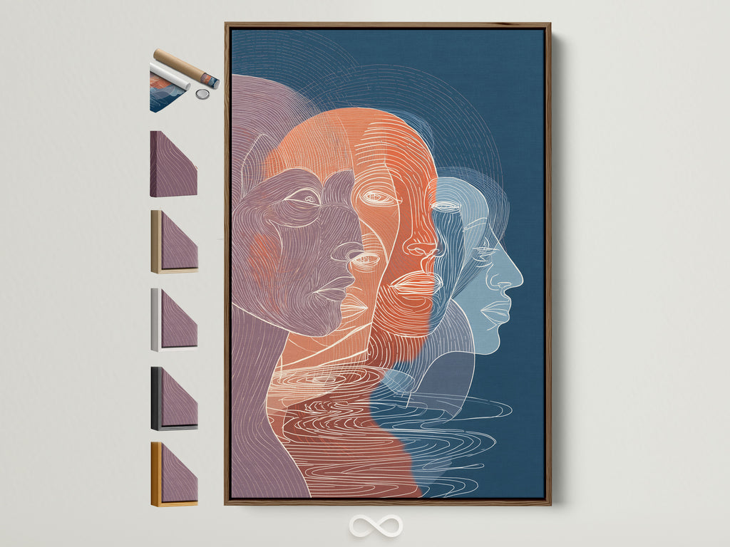 Artwork with a brown frame is displayed. Frame options are showcased on the side. Explore various frame styles to complement your artwork. Find the perfect frame to enhance your living space.