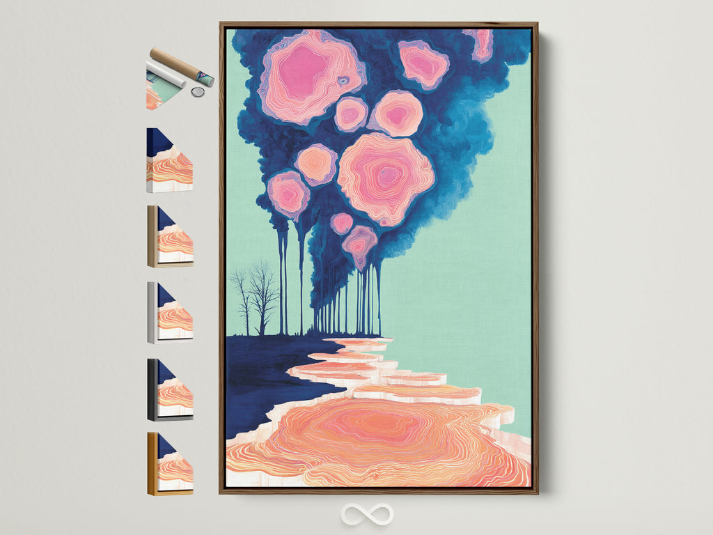Explore our surreal landscape artwork with a pink cloud forest. See available frame options like oak white black and gold. Visualize the brown frame option for a dreamy abstract nature art piece. Find the perfect frame to complement your bedroom wall decor. This artwork is ideal for homeowners and interior stylists.