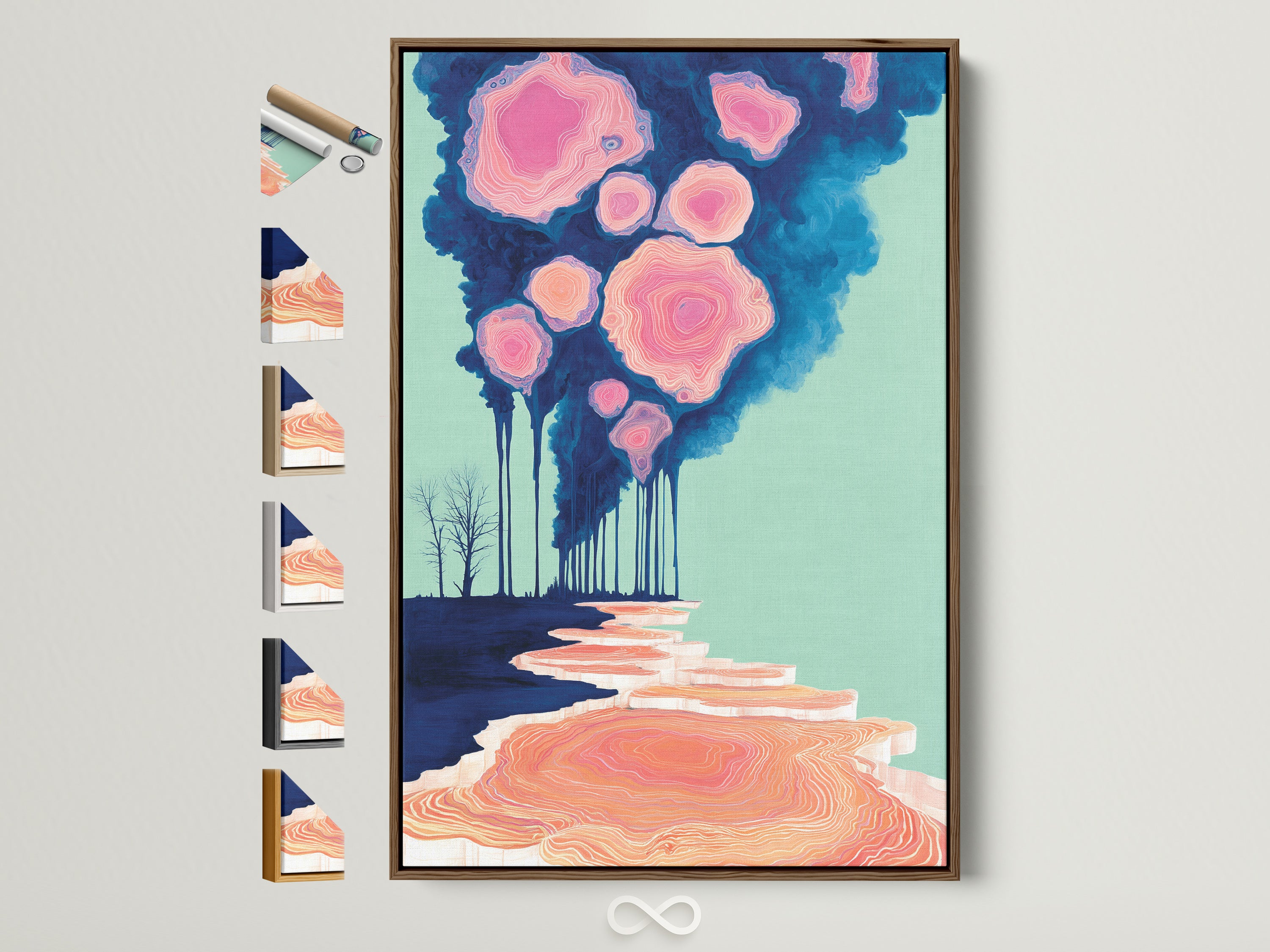 Explore our surreal landscape artwork with a pink cloud forest. See available frame options like oak white black and gold. Visualize the brown frame option for a dreamy abstract nature art piece. Find the perfect frame to complement your bedroom wall decor. This artwork is ideal for homeowners and interior stylists.