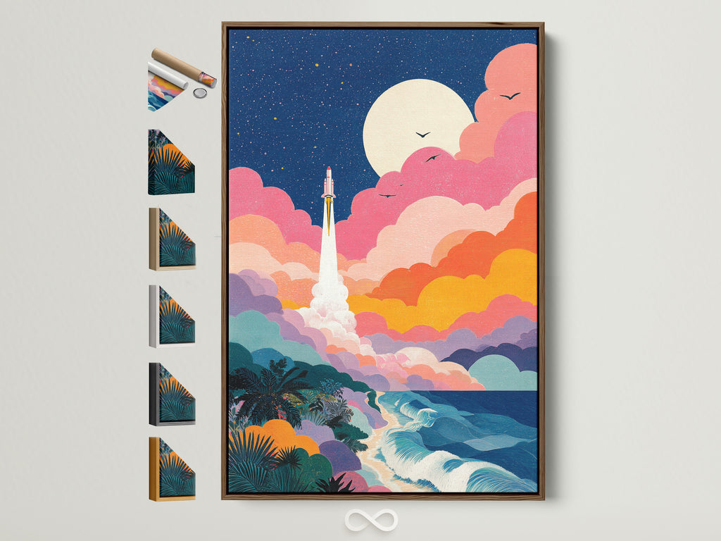 Artwork in a brown frame is displayed on a white wall. The art print shows a rocket launching near a beach. The frame options are visible on the side. Explore framing options for your artwork.