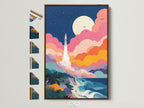 Artwork in a brown frame is displayed on a white wall. The art print shows a rocket launching near a beach. The frame options are visible on the side. Explore framing options for your artwork.