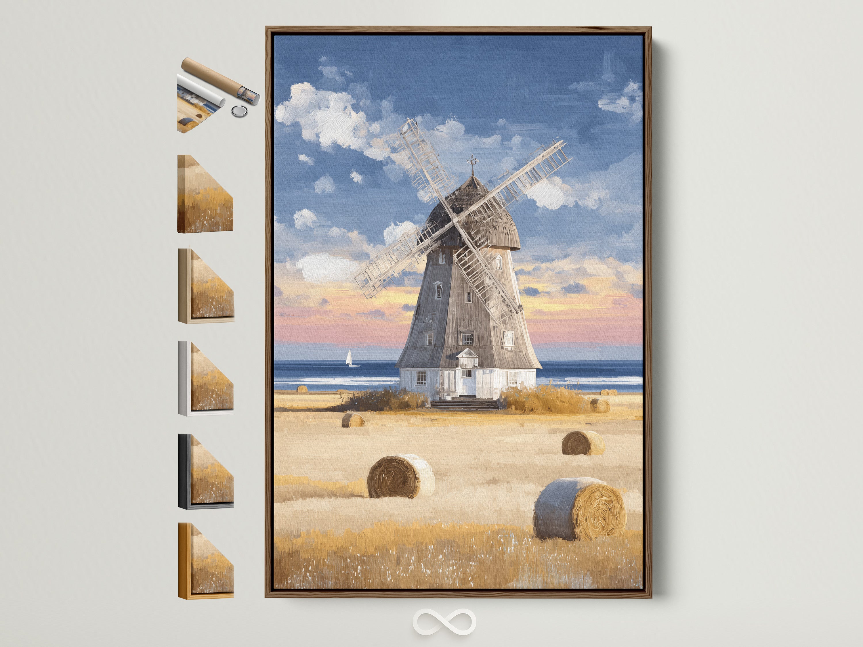 A serene coastal countryside artwork featuring a vintage windmill and golden hay bales is displayed in a brown frame. This framed artwork offers various frame options. Enhance your space with rustic farmhouse charm and seaside tranquility. Perfect for adding a touch of country style to any room.
