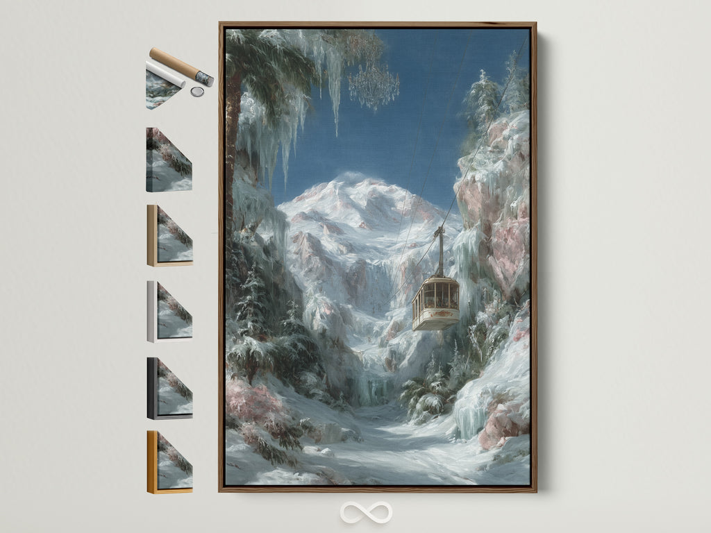 Winter Cabin artwork in a brown frame. This snowy mountain landscape wall art brings a cozy alpine scene to your bedroom. See all available frame options displayed. Perfect lodge style artwork.