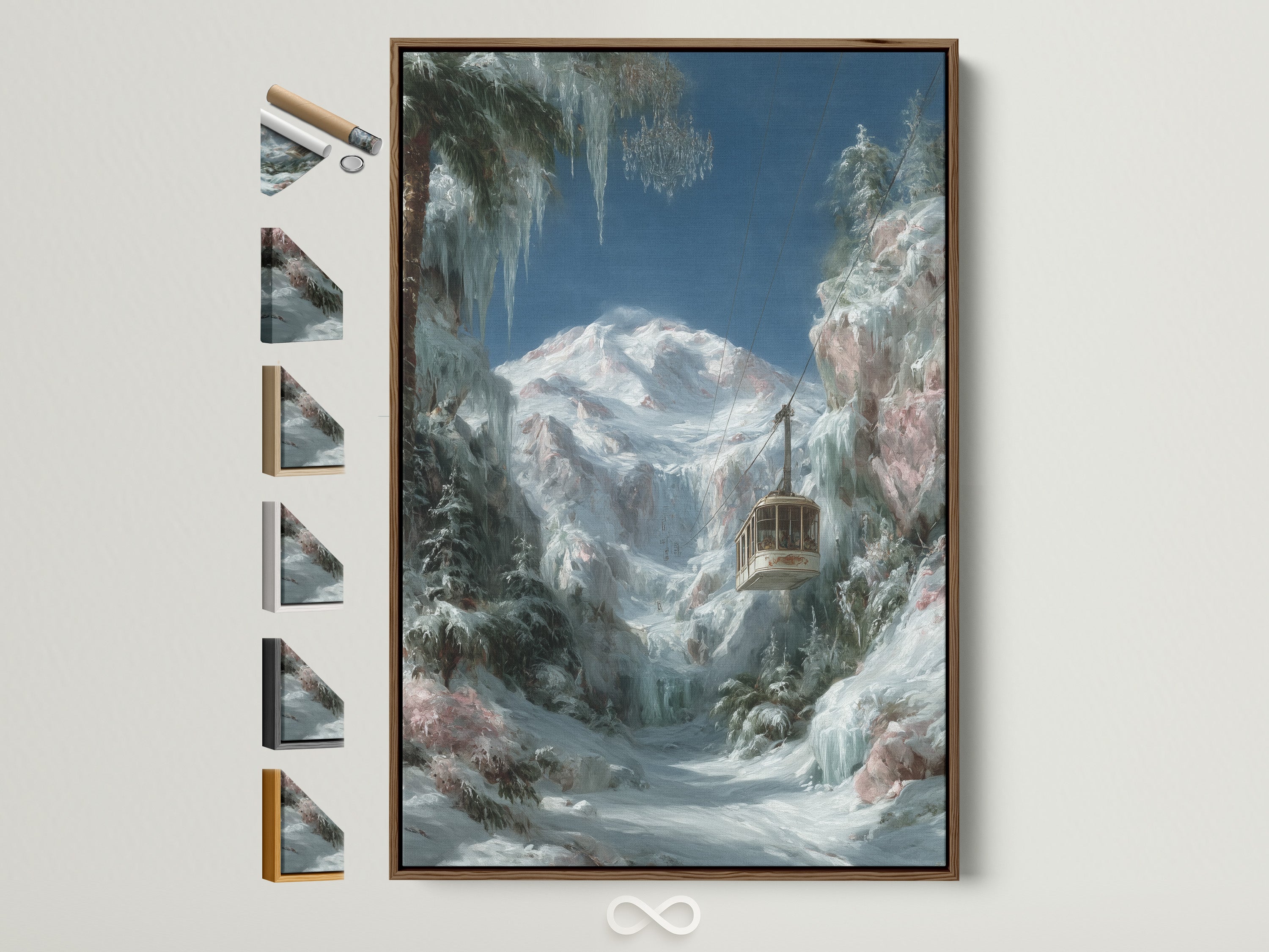 Winter Cabin artwork in a brown frame. This snowy mountain landscape wall art brings a cozy alpine scene to your bedroom. See all available frame options displayed. Perfect lodge style artwork.