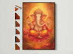 Ganesha Canvas Art in a brown frame. This Hindu God wall art features golden orange tones. It is spiritual artwork perfect for a meditation room or yoga studio. The artwork complements bohemian eclectic and modern styles.