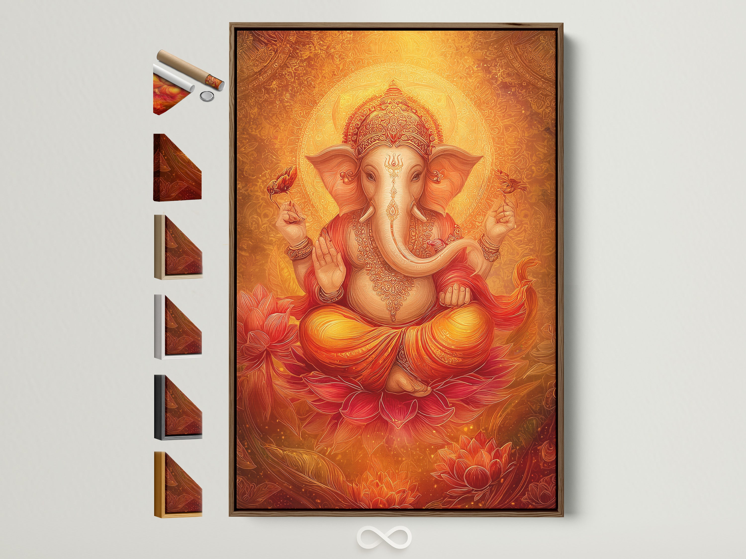 Ganesha Canvas Art in a brown frame. This Hindu God wall art features golden orange tones. It is spiritual artwork perfect for a meditation room or yoga studio. The artwork complements bohemian eclectic and modern styles.